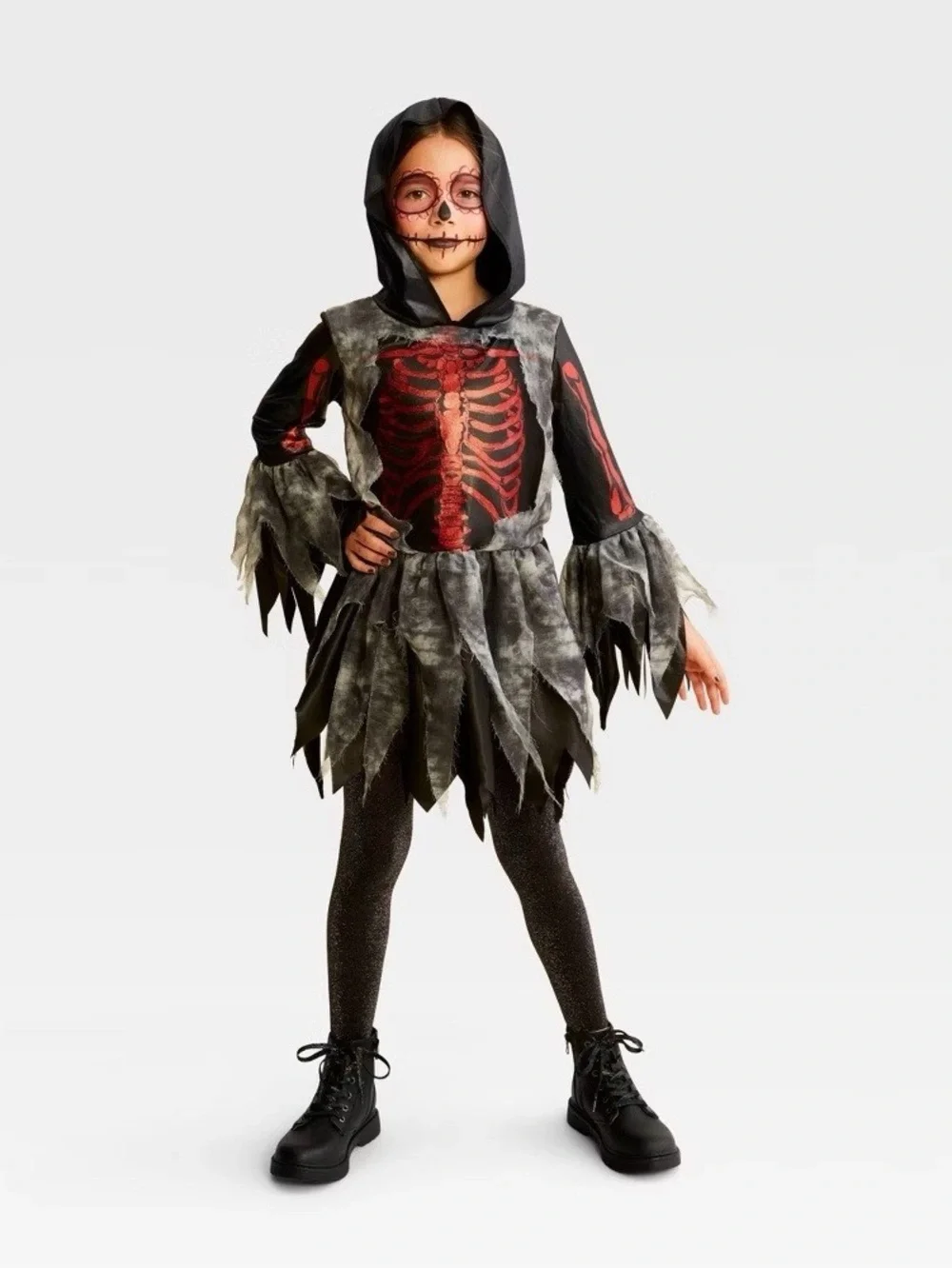 Kids Hooded Skeleton Tunic Costume in Black and